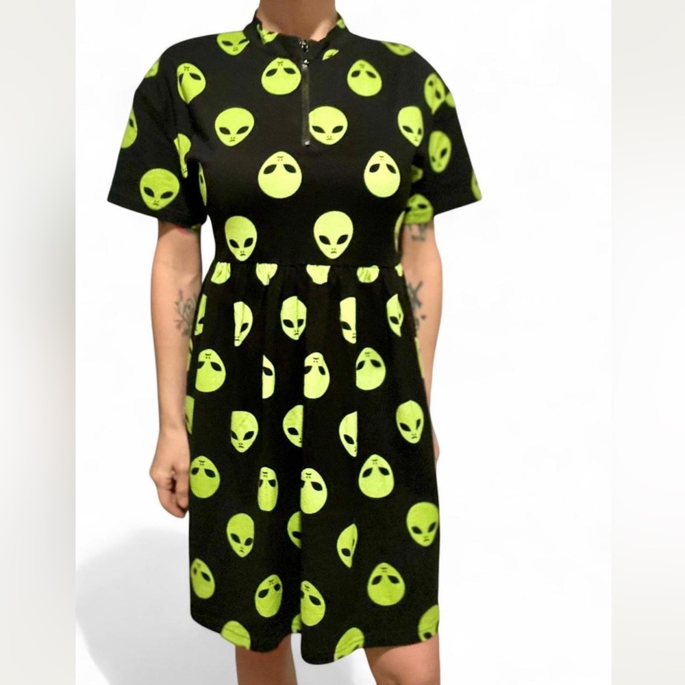 BLACK FRIDAY Dangerfield Alien Print Baby Doll Dress M Zipper Front Pockets